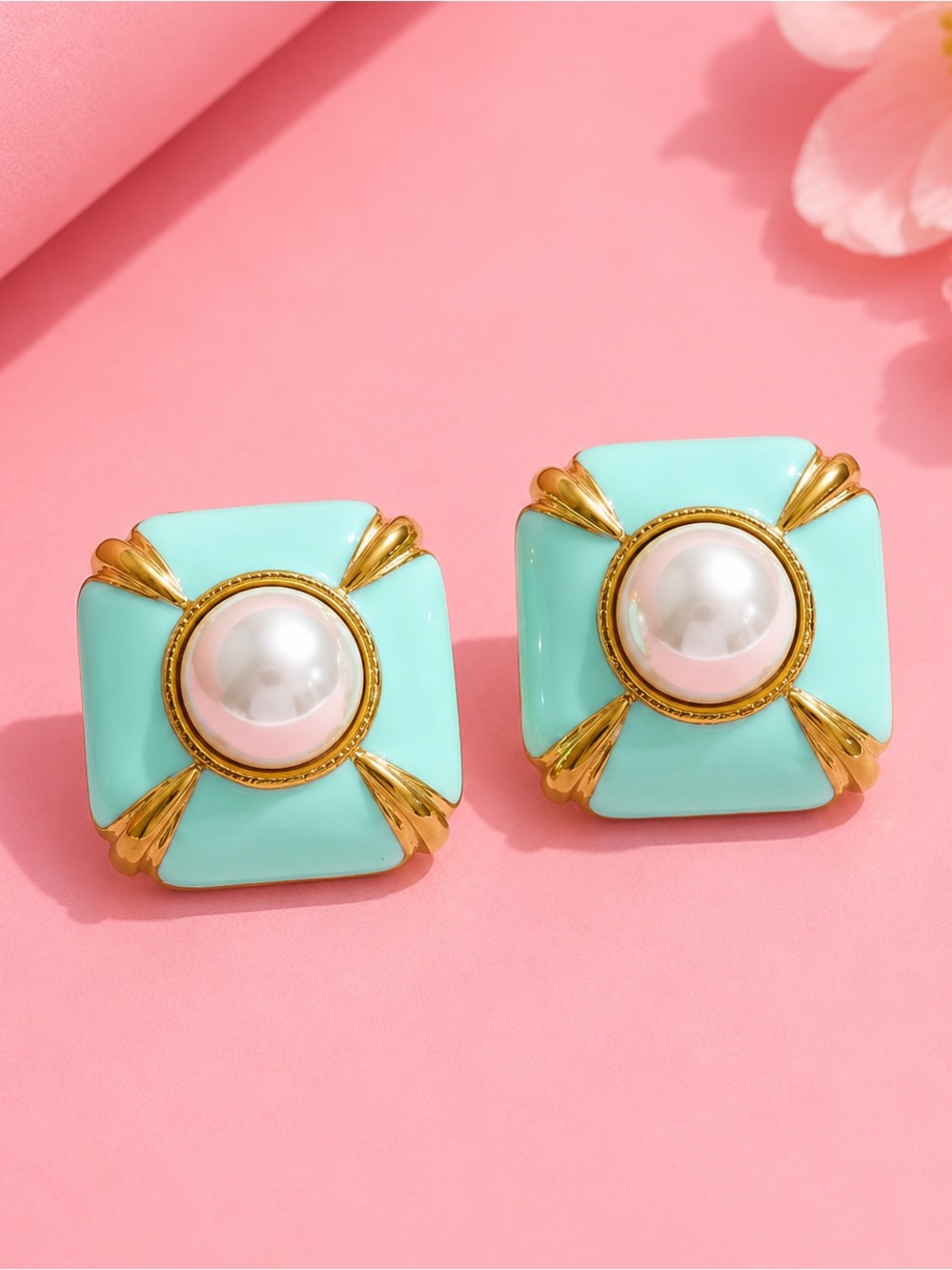 Vintage Gold Aqua Pearl Enamel Earrings